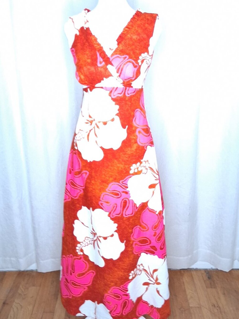 Fashions by Myra Hawaii 1960's A-Line Barkcloth Neon Floral Hostess Gown